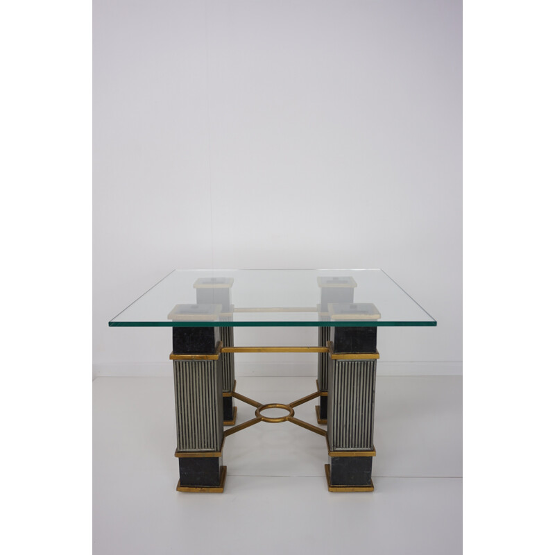 Vintage belgian coffee table in marble, wood, and glass - 1970s