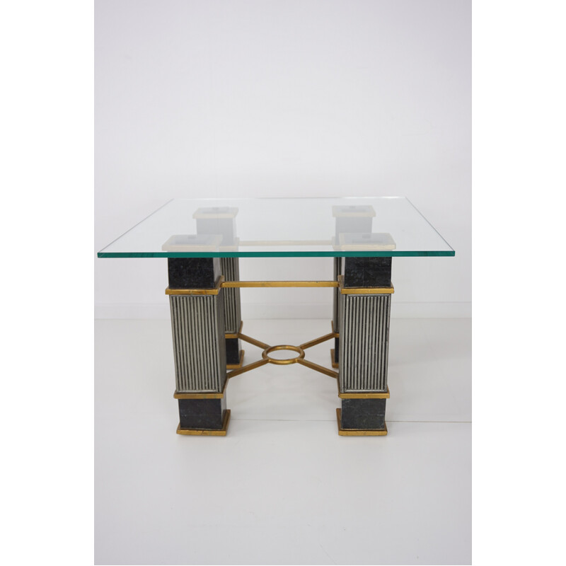 Vintage belgian coffee table in marble, wood, and glass - 1970s