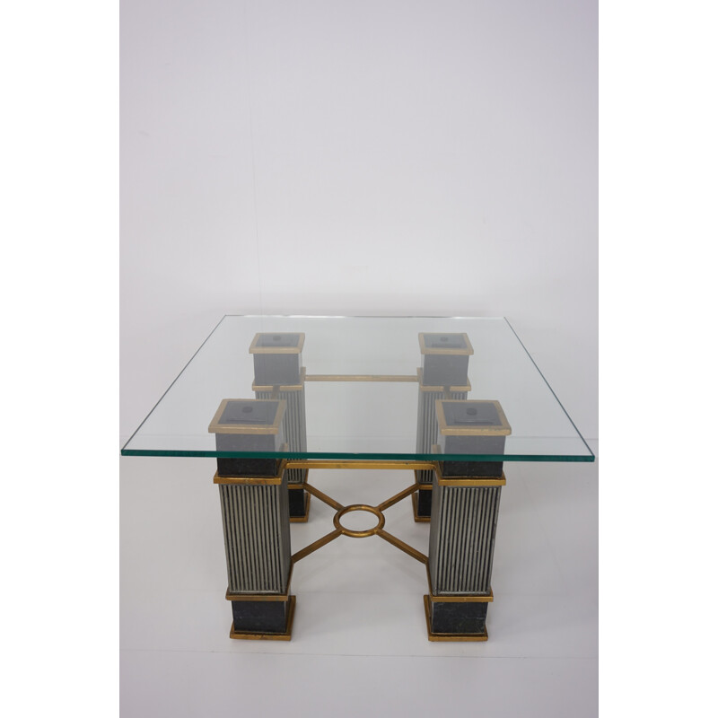 Vintage belgian coffee table in marble, wood, and glass - 1970s
