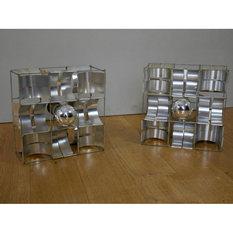 Set of 2 french vintage lamps in aluminium by Max Sauze - 1970
