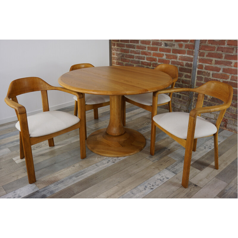 Round table & 4 matching armchairs in oak - 1980s