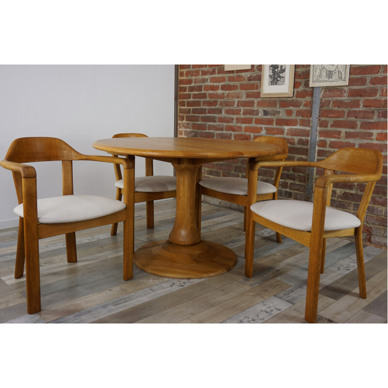 Round table & 4 matching armchairs in oak - 1980s