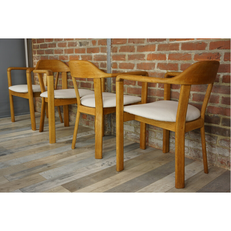 Round table & 4 matching armchairs in oak - 1980s