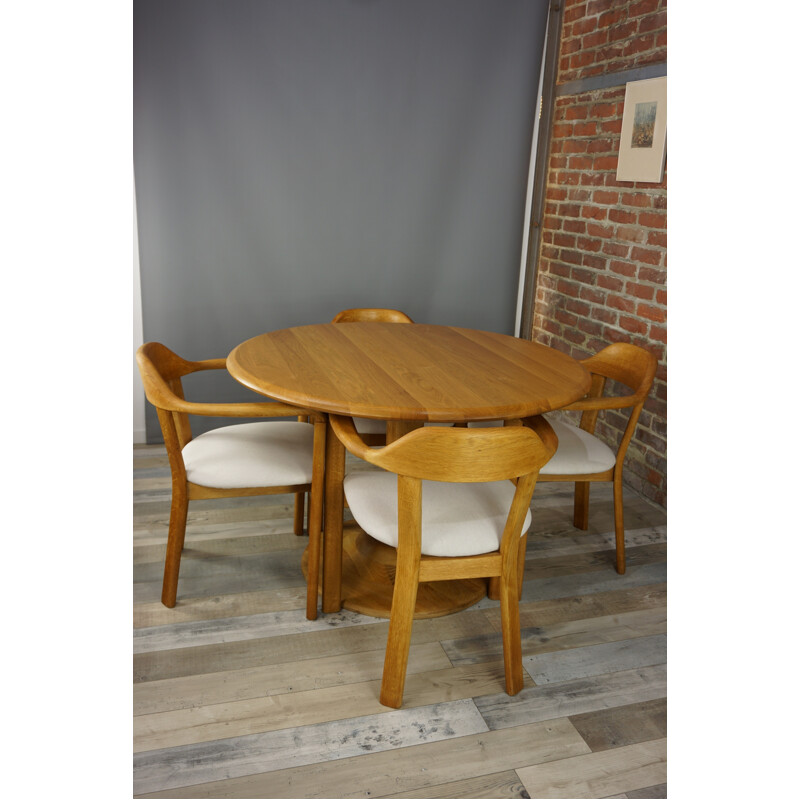 Round table & 4 matching armchairs in oak - 1980s