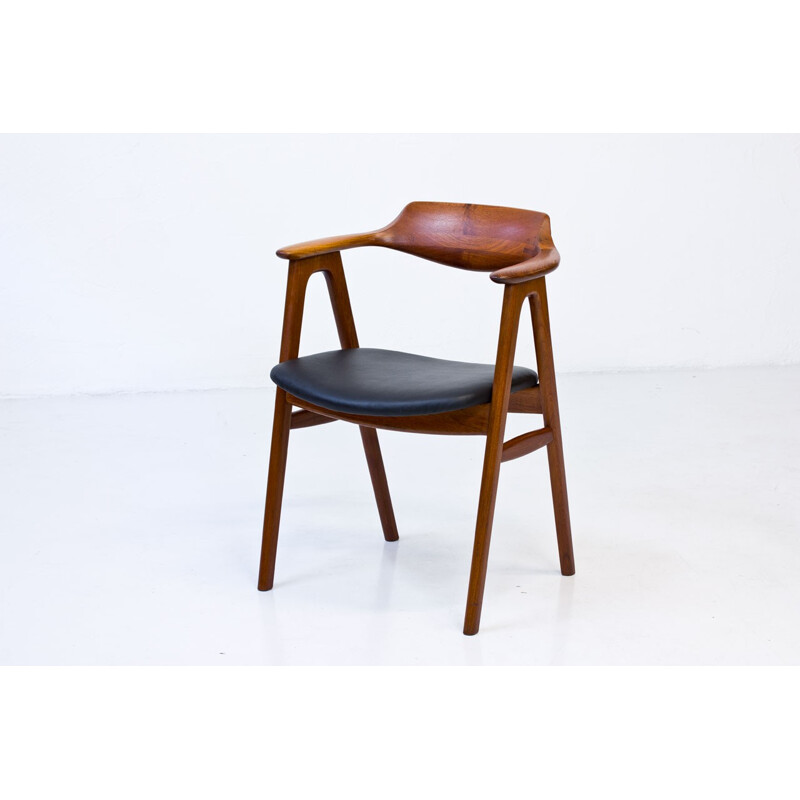 Chaise de Bureau vintage en Teck et en Cuir par Erik Kirkegaard pour Høng Stolefabrik - 1950
