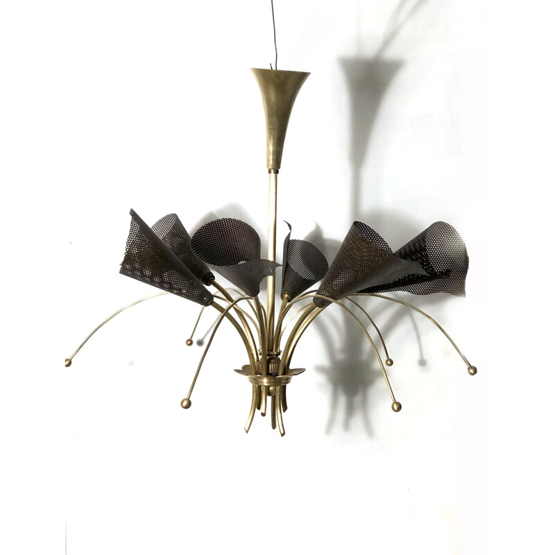 Vintage wrought iron pendant lamp by Kobis and Lorence, France 1950