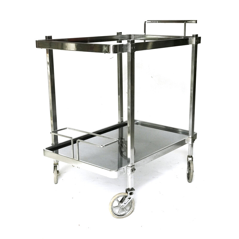 Vintage Chromed trolley made of Smoked Glass - 1970s