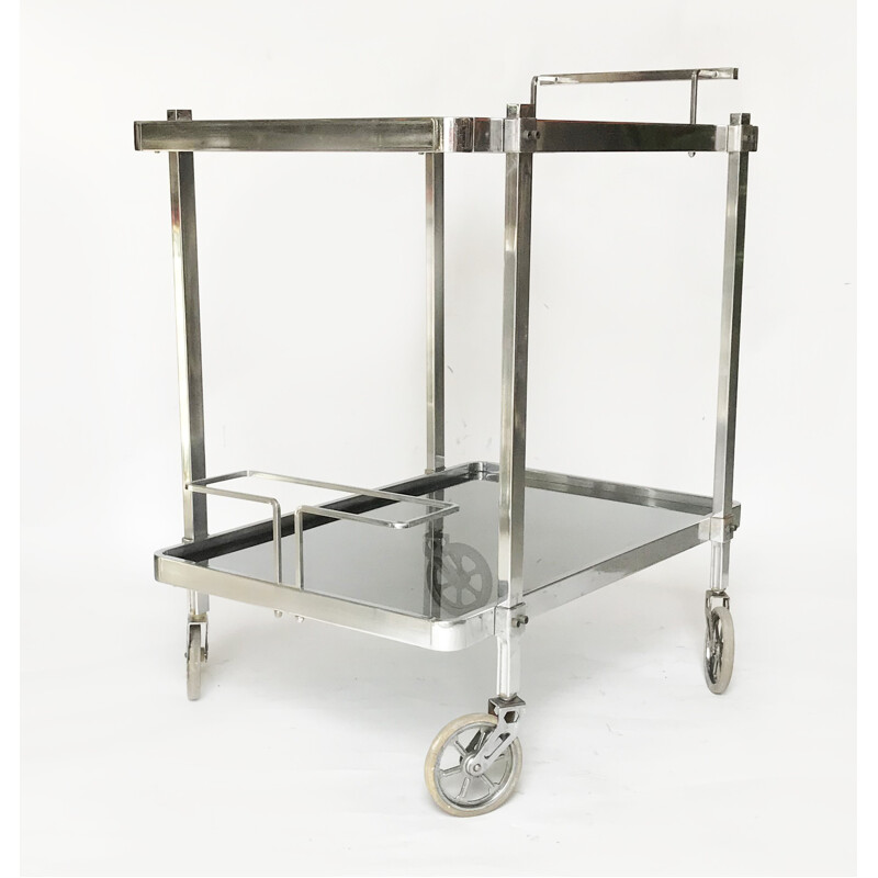 Vintage Chromed trolley made of Smoked Glass - 1970s