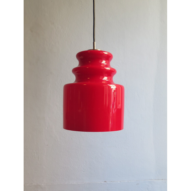 Vintage red opaline glass pendant lamp by Putzler - 1960s