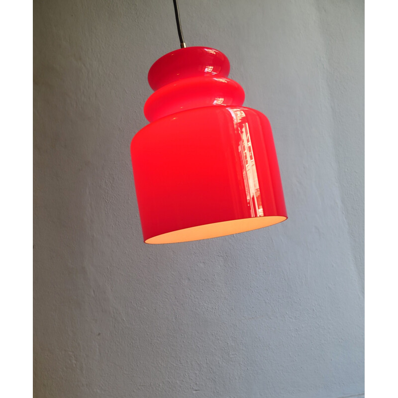 Vintage red opaline glass pendant lamp by Putzler - 1960s