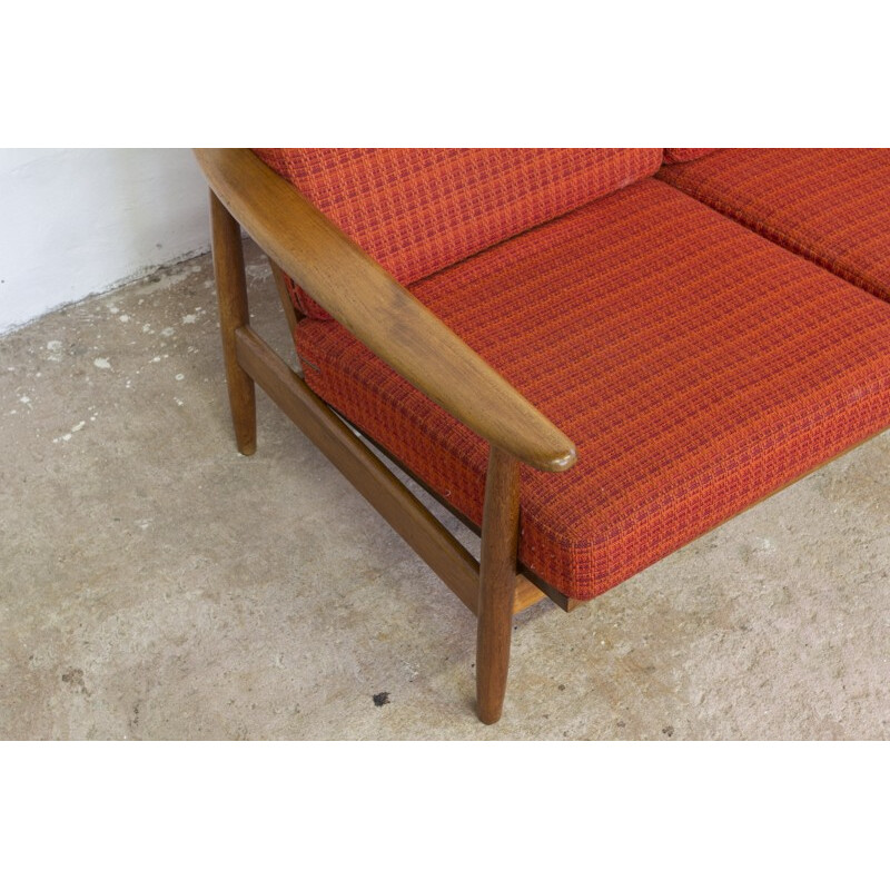 Canapé trois places danois en teck et tissu rouge-orange - 1960