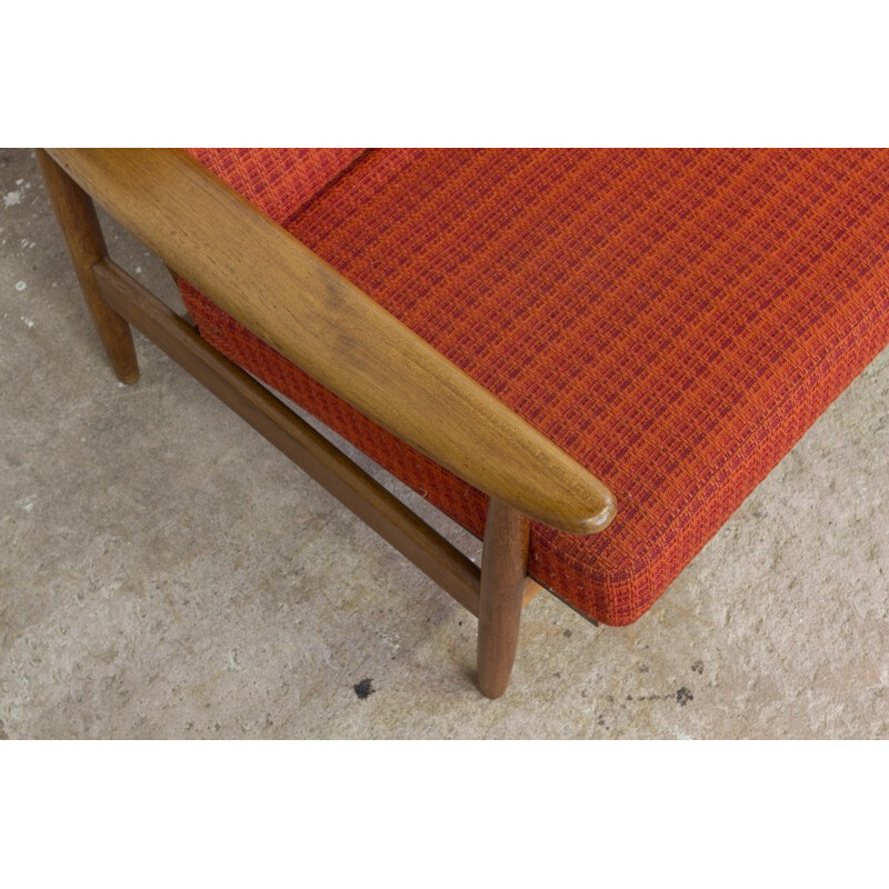 Canapé trois places danois en teck et tissu rouge-orange - 1960