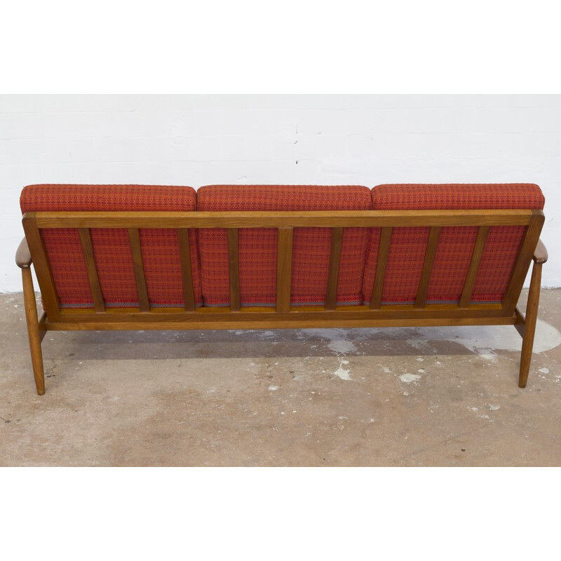 Danish 3-seater sofa in teak and red-orange fabric - 1960s