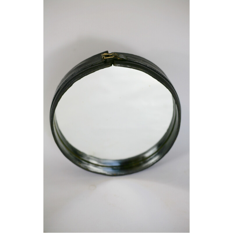 Vintage mirror with frame black leather steel by Jacques Adnet, 1950