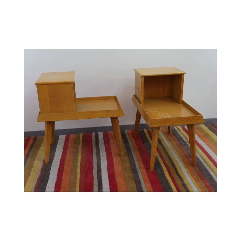 Set of 2 Vintage bedside tables in varnished light oak - 1960s