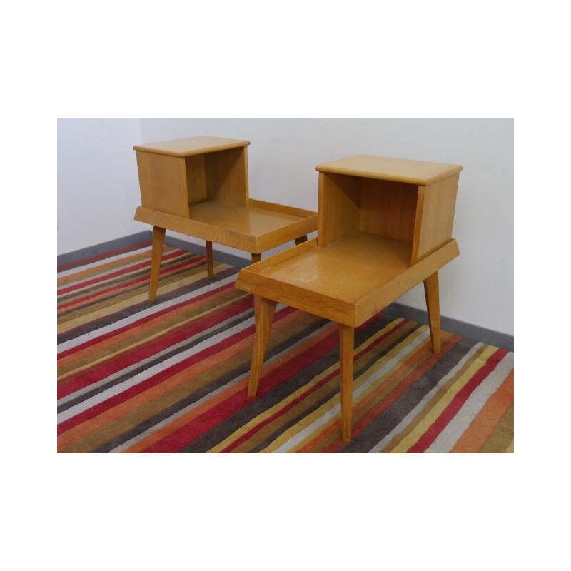 Set of 2 Vintage bedside tables in varnished light oak - 1960s