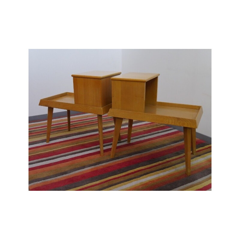 Set of 2 Vintage bedside tables in varnished light oak - 1960s