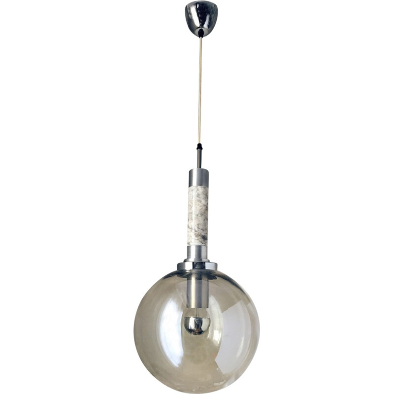 Suspension vintage en marbre, inox brossé et globe verre fumé, Italie 1970