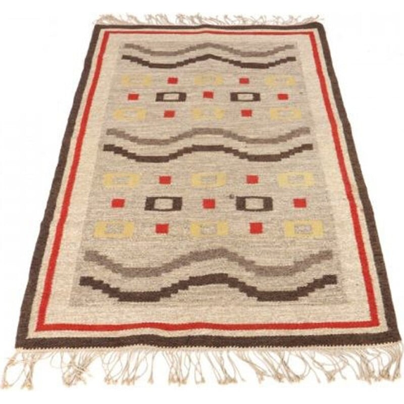 Vintage Handwoven rug woth yellow and brown pattern - 1960s