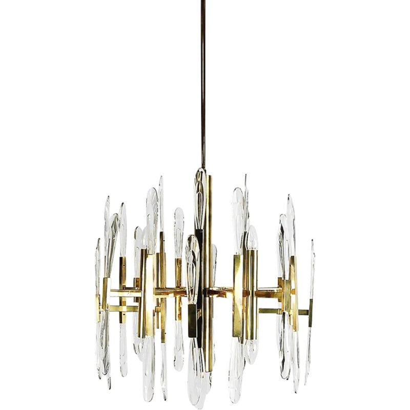 Italian Brass Chandelier with Glass Icicles by Gaetano Sciolari - 1970s