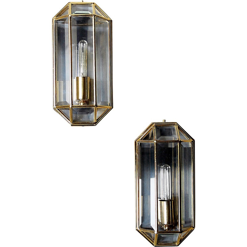 Pair of vintage geometric wall lamps in glass and brass, Italy 1970