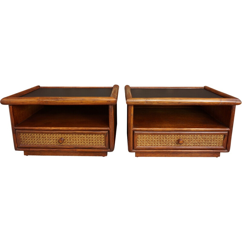 Set of 2 french bedside tables in wood, rattan and black leatherette - 1960s