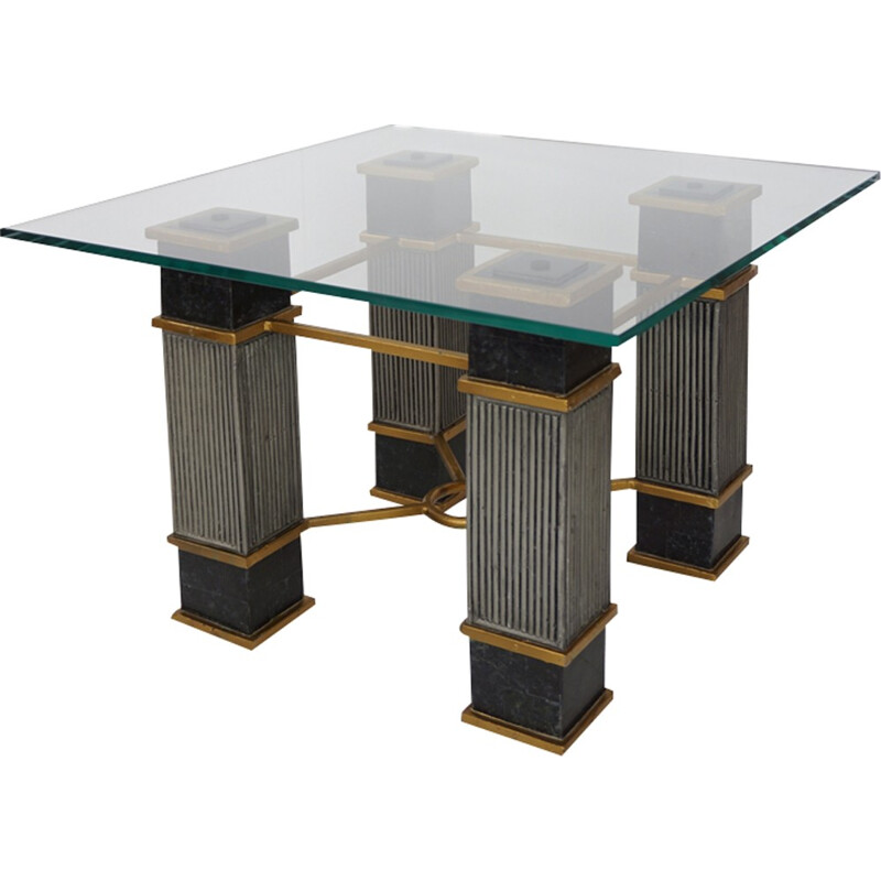 Vintage belgian coffee table in marble, wood, and glass - 1970s