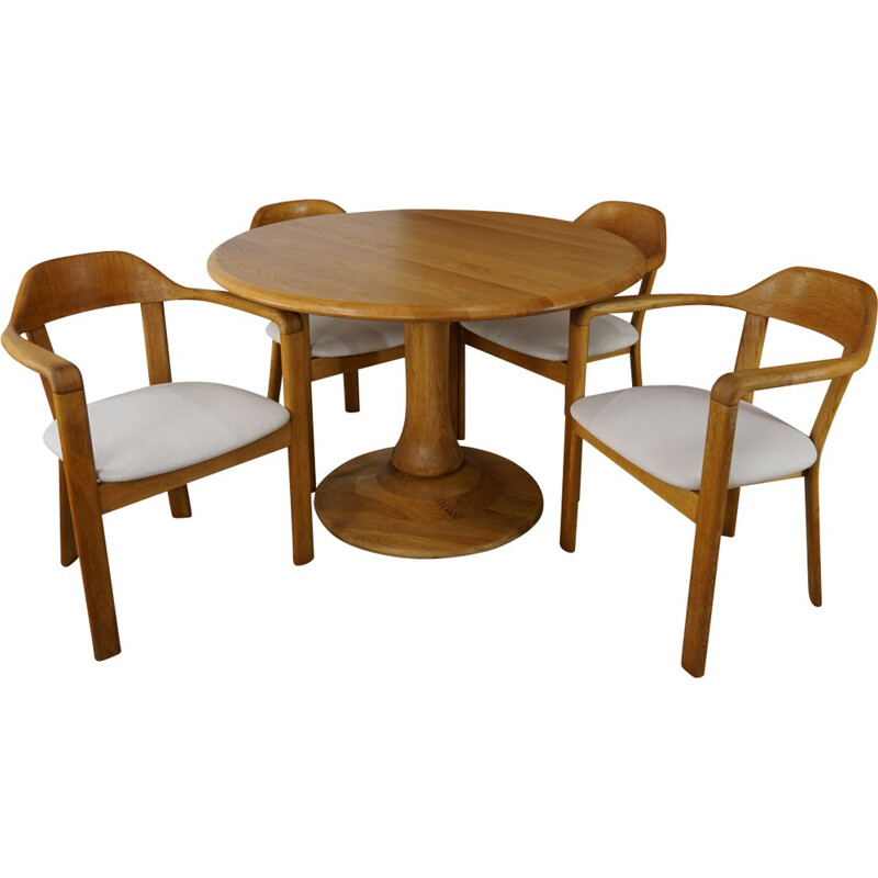 Table ronde et ses 4 fauteuils en chêne assortis - 1980