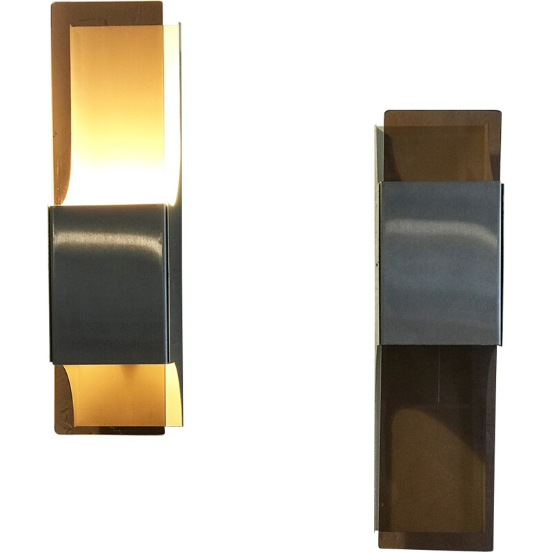 Pair of vintage wall lamps in stainless steel - 1970s