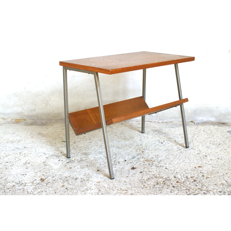 Vintage Dutch Side Table in Teak Veneer with Magazine Rack - 1960s