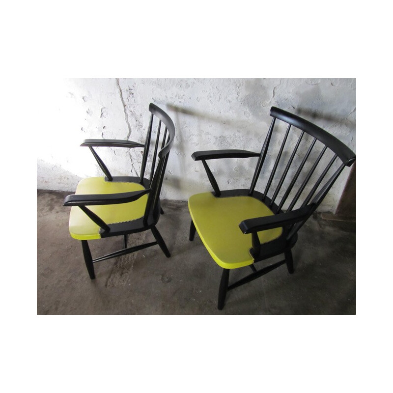 Pair of armchairs in wood and yellow leatherette - 1950s