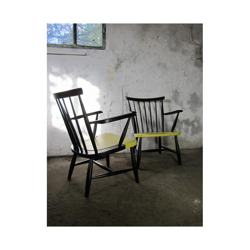 Pair of armchairs in wood and yellow leatherette - 1950s