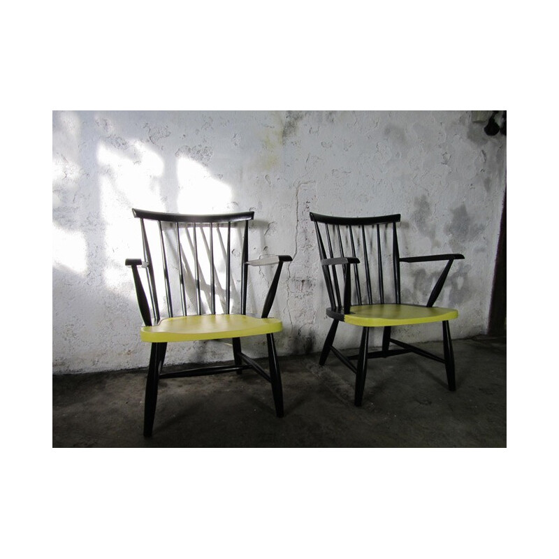 Pair of armchairs in wood and yellow leatherette - 1950s