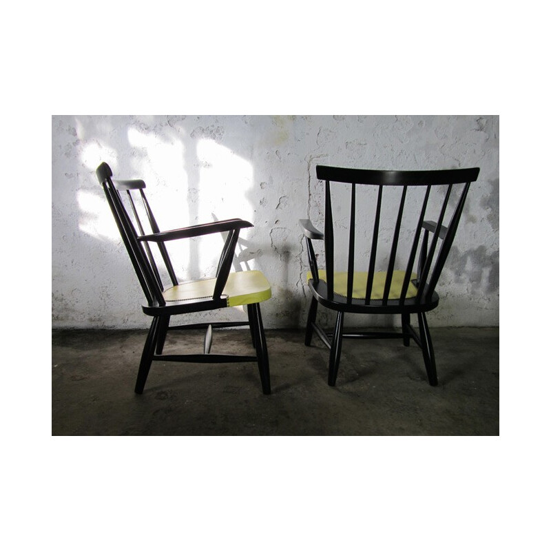 Pair of armchairs in wood and yellow leatherette - 1950s