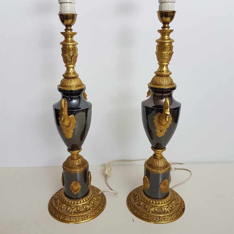 Pair of vintage table lamps in brass with swans - 1970s