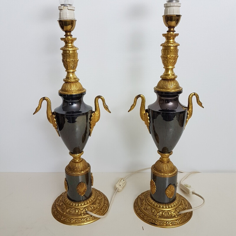 Pair of vintage table lamps in brass with swans - 1970s