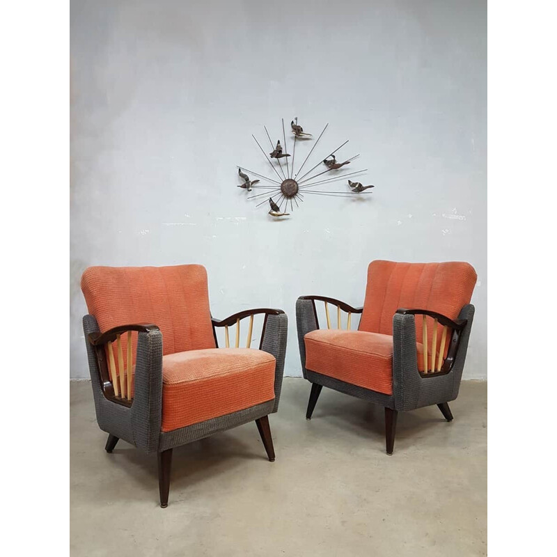 Suite de 2 Fauteuils lounge oranges vintage - 1950