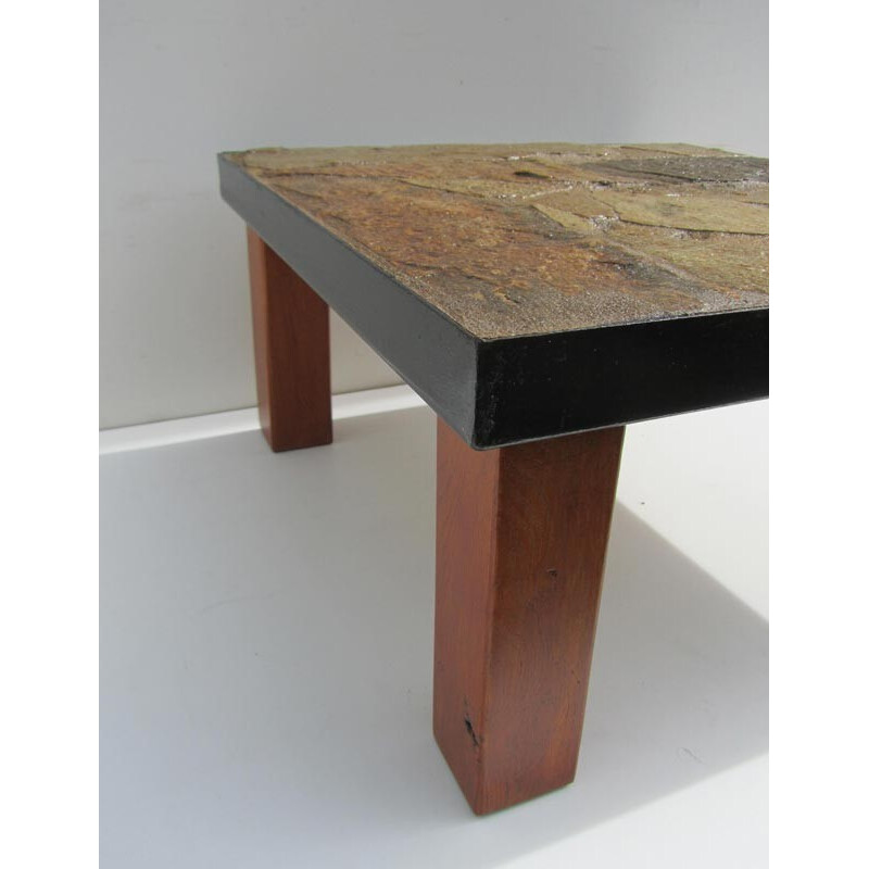 Table basse vintage en pierre, bois et fer - 1970