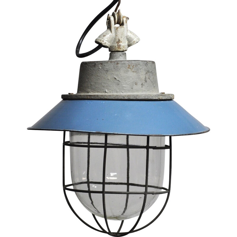 Vintage blue industrial metal pendant lamp, Poland 1960