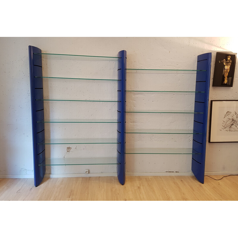 Blue "TGE" vintage wall bookcase in lacquered metal by Alain Chauvel, 1990