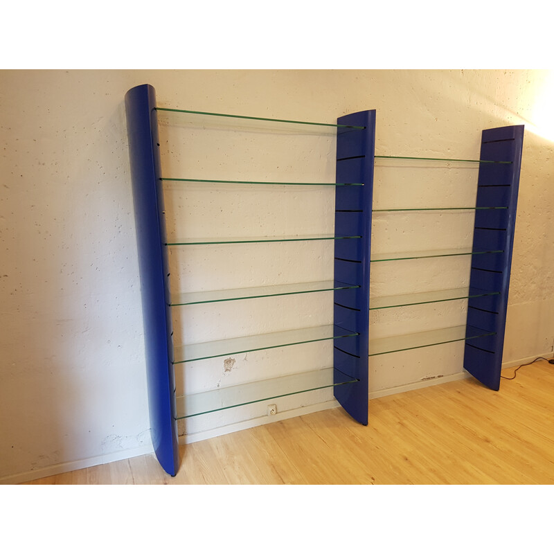 Blue "TGE" vintage wall bookcase in lacquered metal by Alain Chauvel, 1990