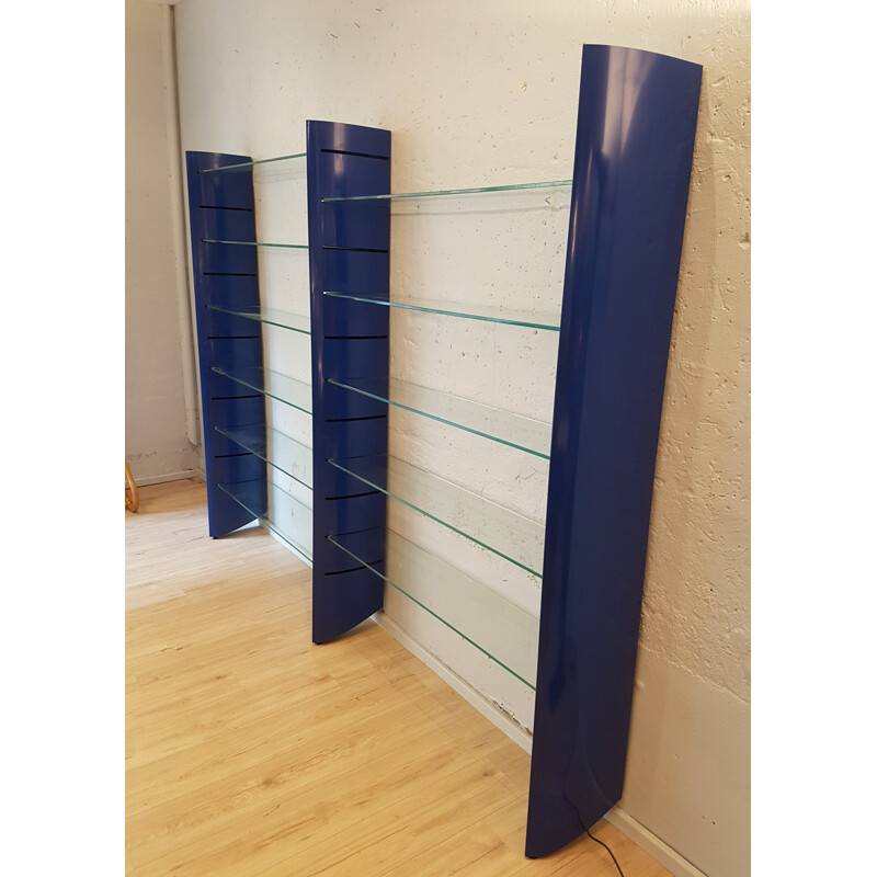 Blue "TGE" vintage wall bookcase in lacquered metal by Alain Chauvel, 1990