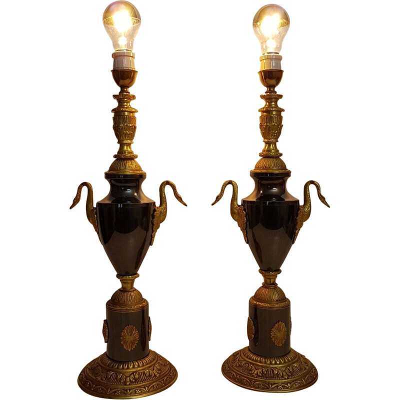 Pair of vintage table lamps in brass with swans - 1970s