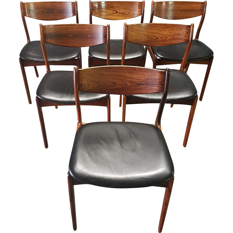 Suite de 6 chaises noires en palissandre & cuir par P.E Jørgensen pour Farsø Stolefabrik - 1960