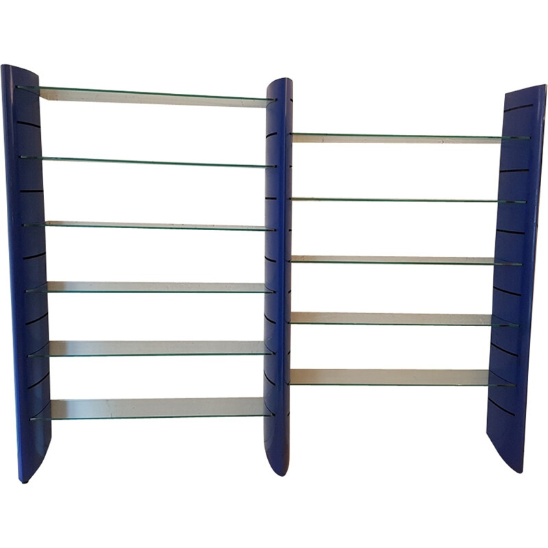 Blue "TGE" vintage wall bookcase in lacquered metal by Alain Chauvel, 1990