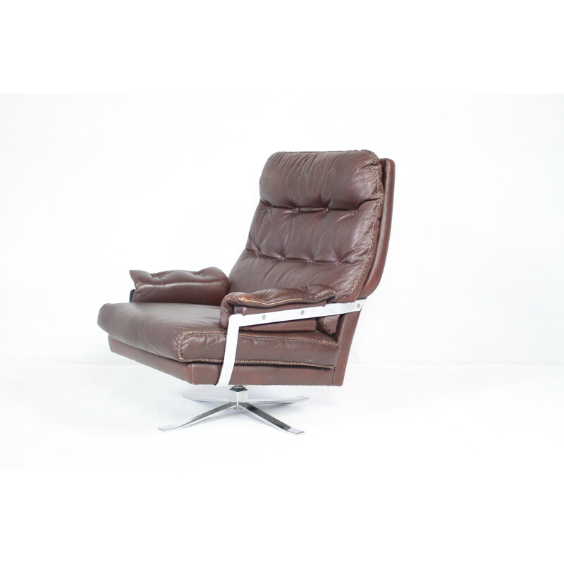 Vintage Red-Brown Leather & Chrome Lounge Chair by Arne Norell for Vatne - 1960s