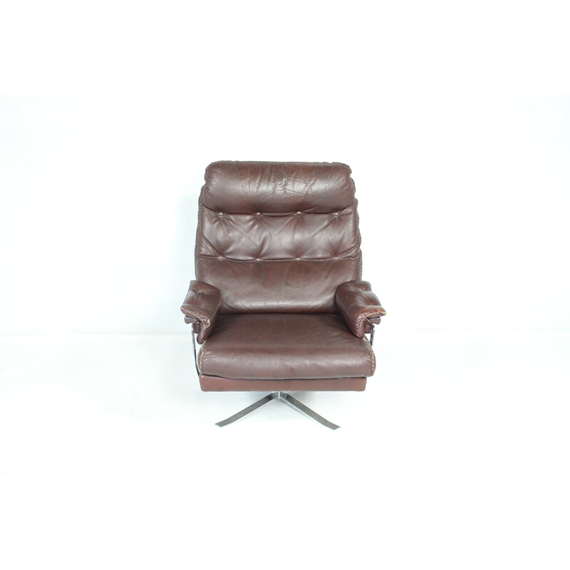 Vintage Red-Brown Leather & Chrome Lounge Chair by Arne Norell for Vatne - 1960s