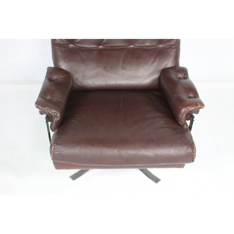 Vintage Red-Brown Leather & Chrome Lounge Chair by Arne Norell for Vatne - 1960s