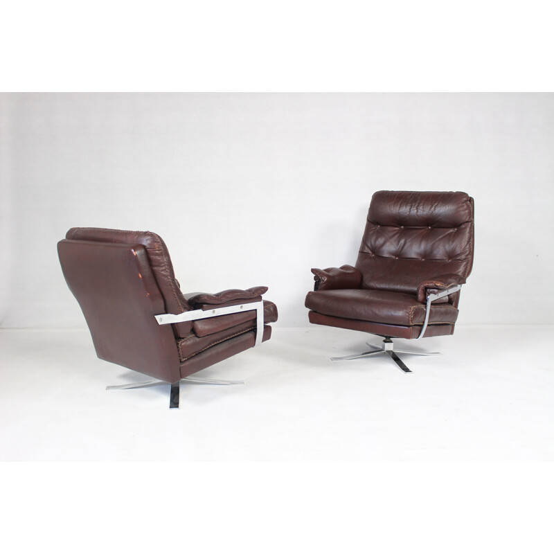 Vintage Red-Brown Leather & Chrome Lounge Chair by Arne Norell for Vatne - 1960s