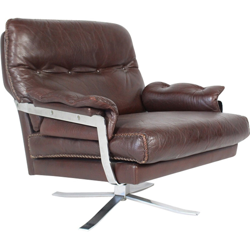 Vintage Red-Brown Leather & Chrome Lounge Chair by Arne Norell for Vatne - 1960s